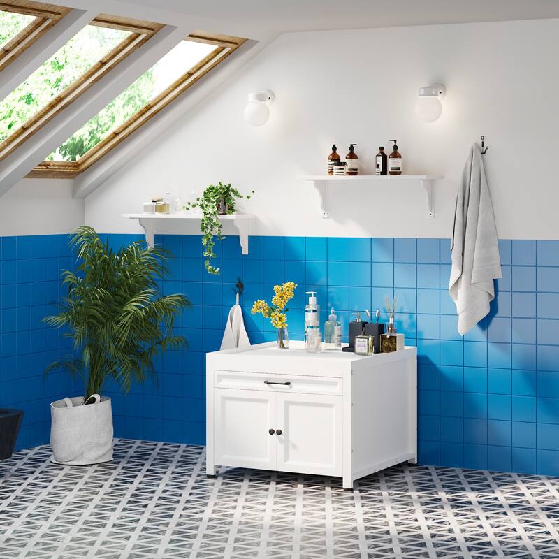 Versatile White Washer Cabinet & Bathroom Cabinet：Spacious Countertop and Storage