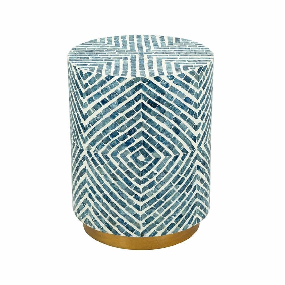 ​14" Capiz Accent Stool - Blue/White Mosaic Design, End Table, Side Table - 14x14x18"