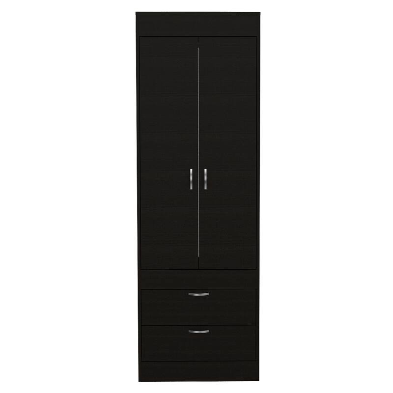 Versatile Wardrobe Armoire Closet Storage Cabinet with Double Doors, Two Drawers, and Hanging Rod - Elegant and Space-Saving