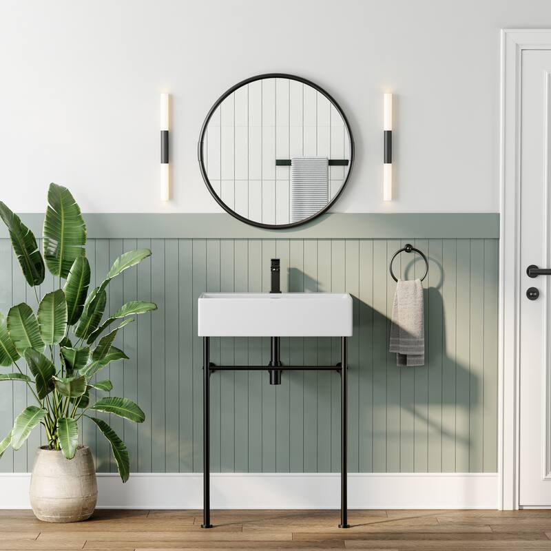 HOROW 24 in. Ceramic White Rectangular Bathroom Console Sink with Black Legs and Overflow