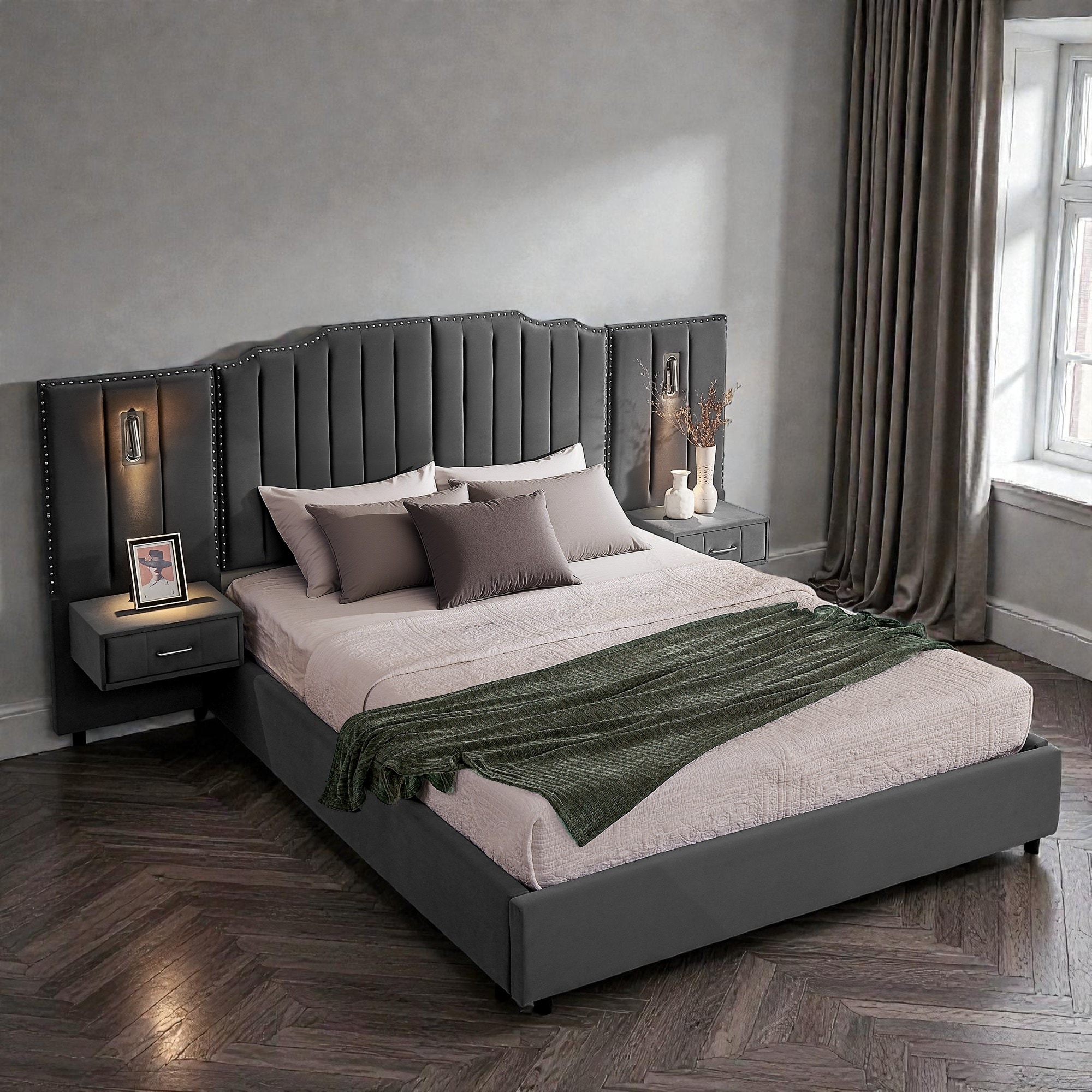 Queen Upholstered Platform Bed with Integrated Bedside Table and Adjustable Reading Lamps, Vertical Stripe Headboard