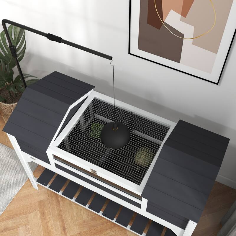 PawHut Tortoise Habitat with Adjustable Lamp Holder, Wooden Tortoise Enclosure with Storage Shelf, Dual Main Houses