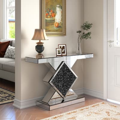 Mirrored Console Table with Black Crushed Diamond Inlay