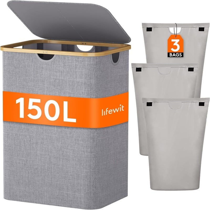 150L Laundry Basket with Lid 3 Section - 21.06"L x 15.75"W x 27.56"H - Light Gray