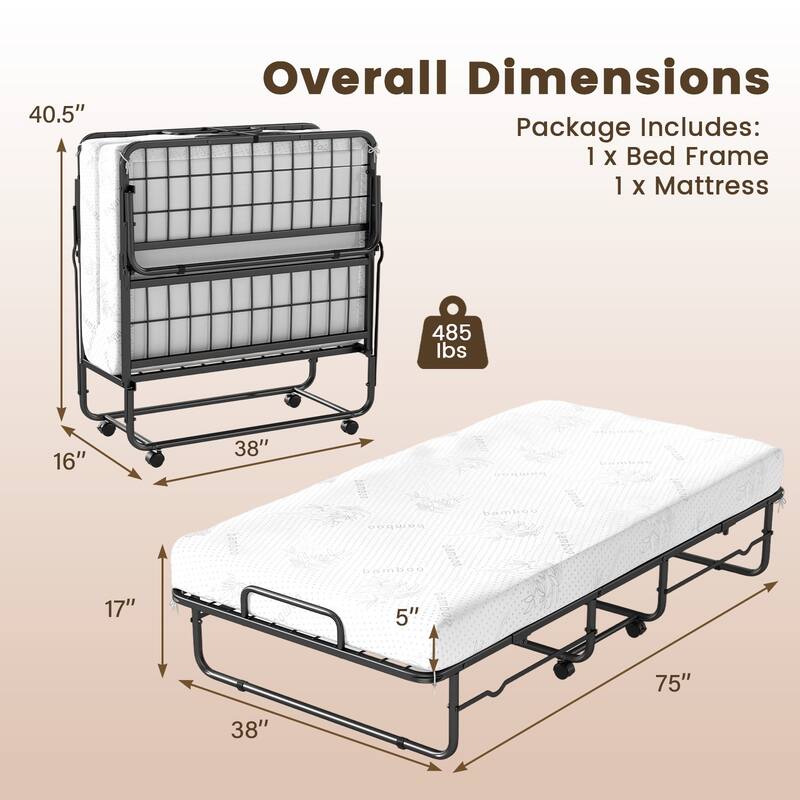 Gymax Twin Size Folding Bed w/Memory Foam Mattress Metal Frame for