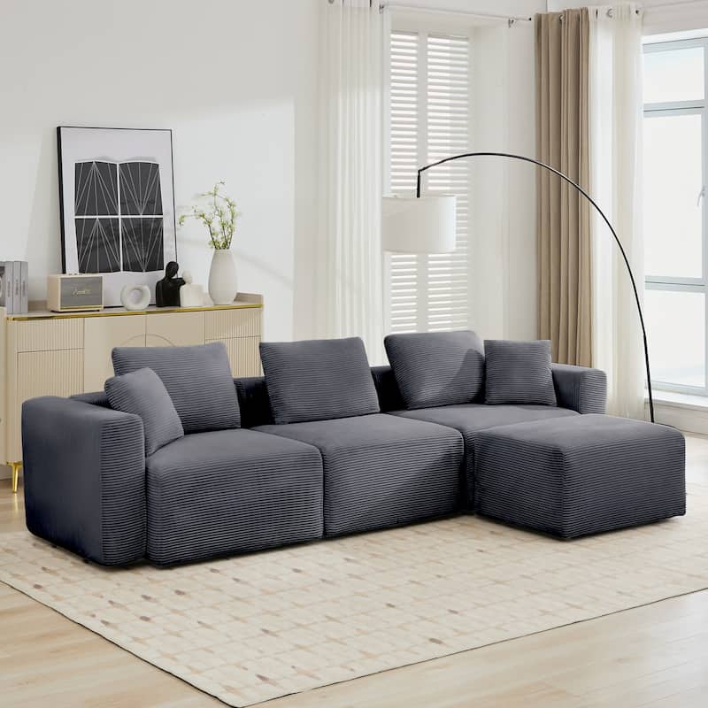 Corduroy Sectional Modular Sofa with Square Arms & Ottoman Extension for Flexible Arrangements