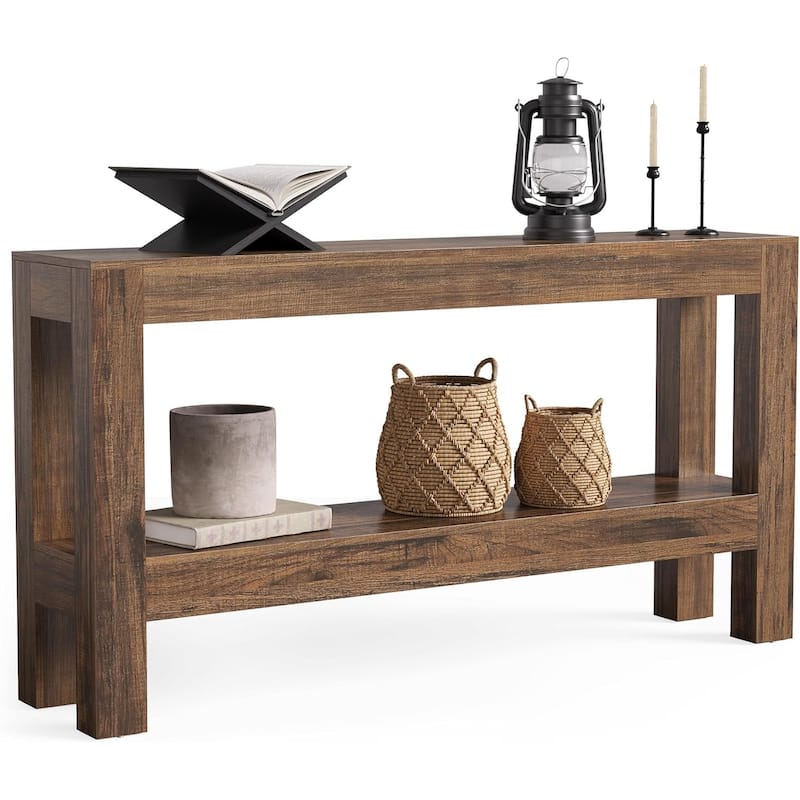 Brown MDF Console Table with 2-Tier Shelf and Rustic Entryway Design - 62.99” L x 13.78” W x 33.46” H