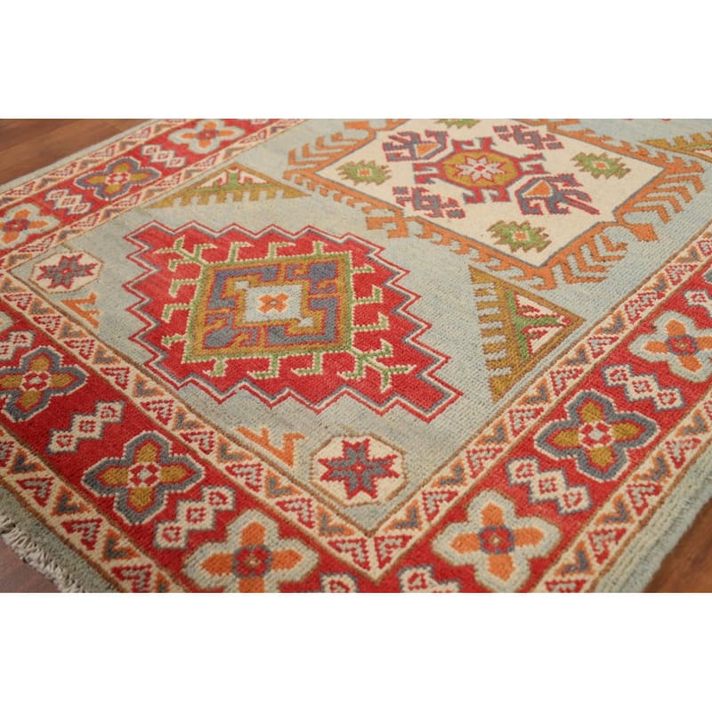 Geometric Blue Kazak Foyer Rug Hand-Knotted Wool Carpet - 2'10"x 4'3"