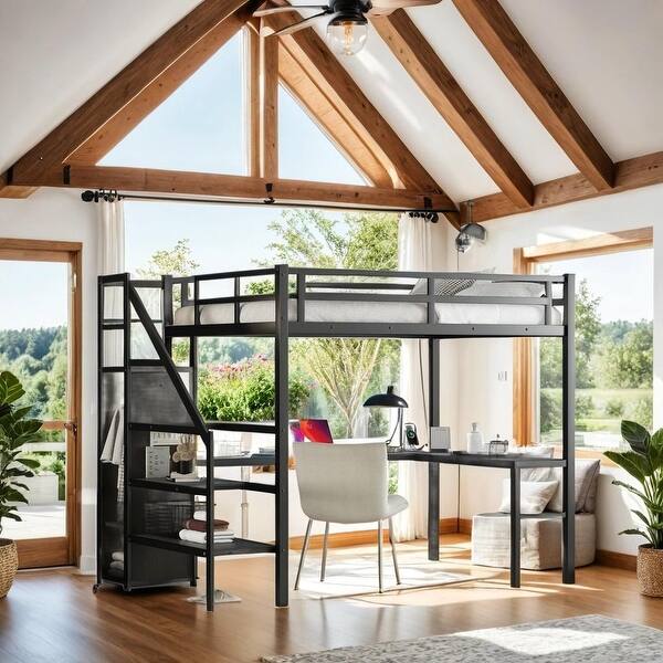 slide 2 of 10, Luxury Full Size Loft Bed with L-shaped Desk and USB, Metal Loft Bed with Wardrobe, Adjustable Shelf & LED, Black Black