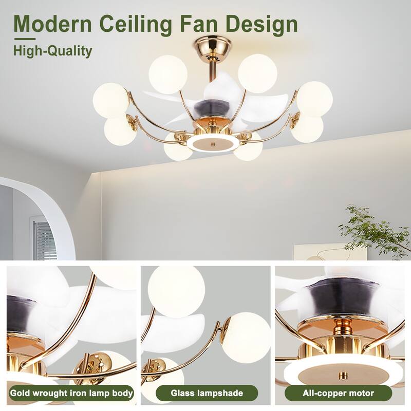 Indoor Black Modern Ceiling Fan with Light, Reversible Fandelier with Bulbs and Remote for Living Room