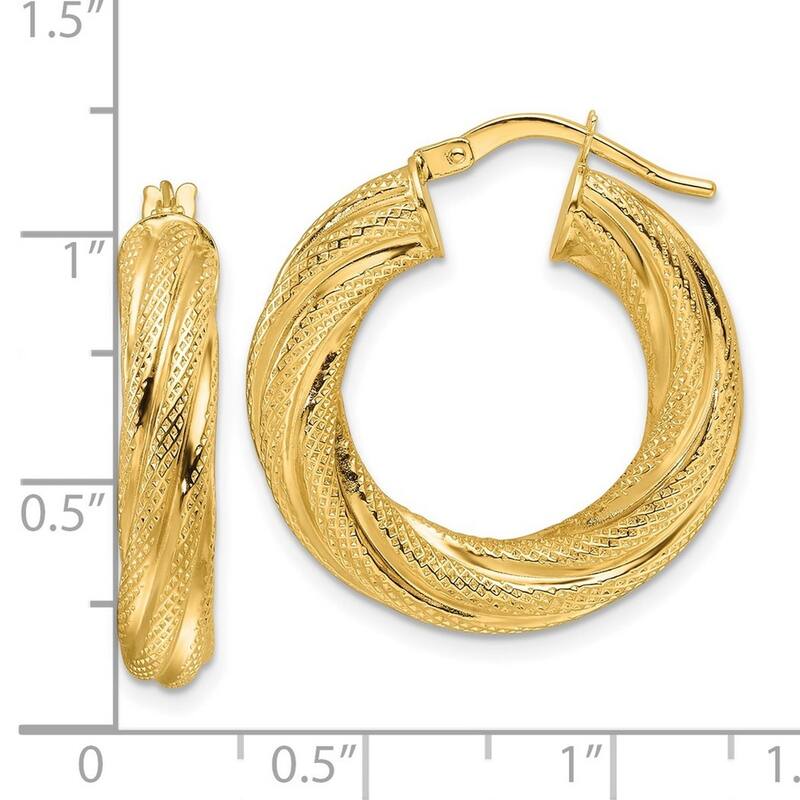 Curata 14k Yellow Gold Polished Textured Twist Round Hoop Earrings - 24.9x23.6mm