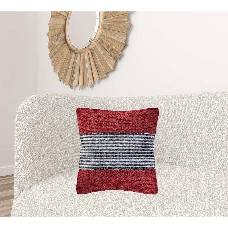 HomeRoots 20" X 20" Red And Blue 100% Cotton Striped Zippered Pillow