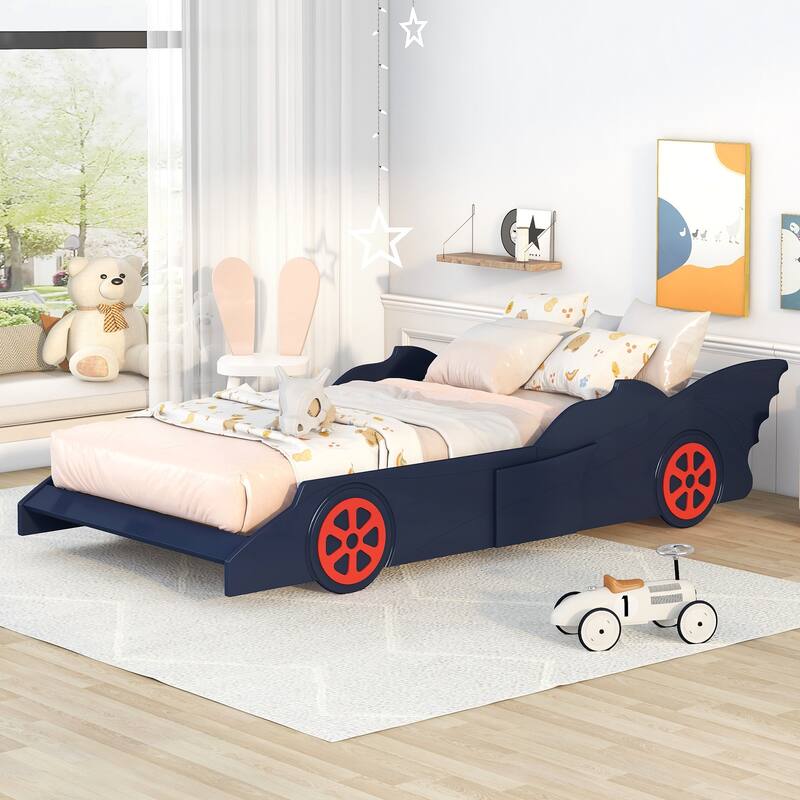 Twin Size Platform Bed, Children Race Car-Shaped Bedframe with Wheels ...
