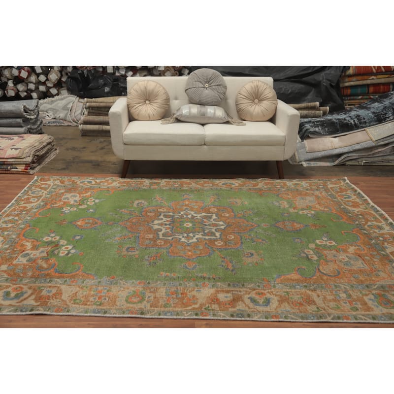 Hand Knotted Oriental 100% Wool Carpet Traditional Floral Green Tabriz Area Rug - 9' 1'' X 6' 8''