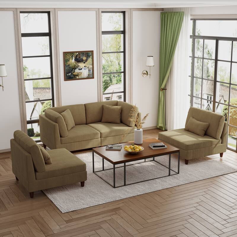 Modern Modular Corduroy Sectional Sofa with Ottoman - Brown 4 Piece