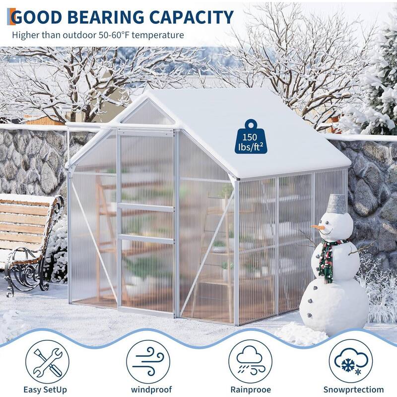 6 x 6 FT Winter Polycarbonate Greenhouse for Outdoors Gardening, Silver