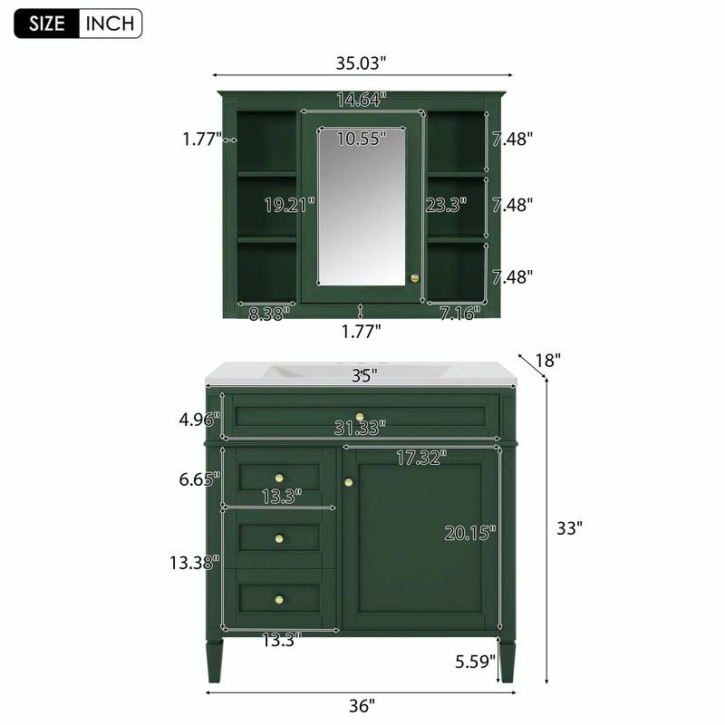 36'' Bathroom Vanity with Top Sink - Modern Storage Cabinet with Mirror