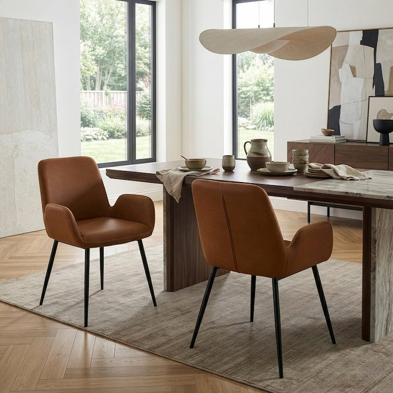 Set of 2 Alrik Brown Arm Chair with Zigzag Stitching Black Metal Legs