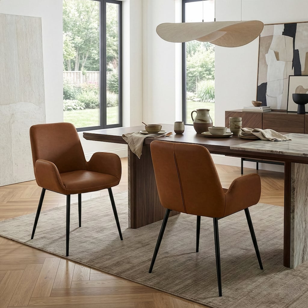 Set of 2 Alrik Brown Arm Chair with Zigzag Stitching Black Metal Legs