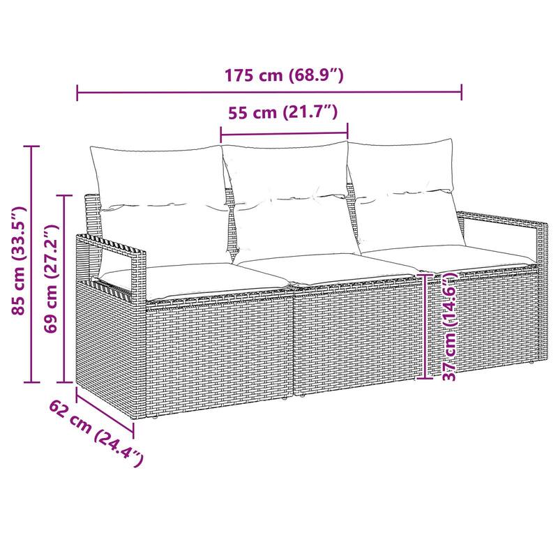 vidaXL 3 Garden Sofa Set with Cushions Black Poly Rattan - 68.9 x 24.4 x 27.2