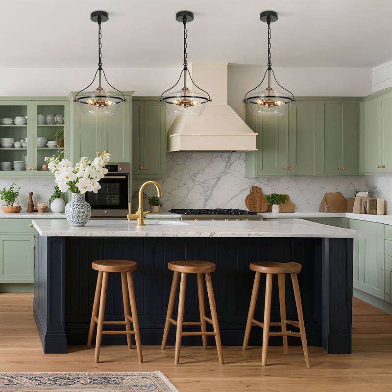 Mid-Century Modern 3-Light Glass Chandelier Black Gold Pendant Lights for Dining Room