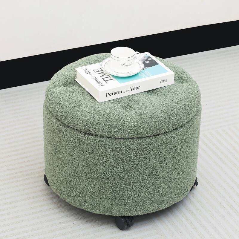 Adeco 20" Wide Button Tufted Round Storage Ottoman with Casters - Light-Green