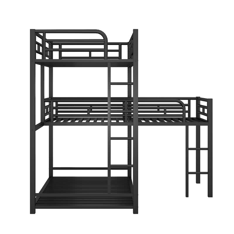 Roomfitters L-Shaped Metal Triple Twin Bunk Bed with Desk and Shelf, Black