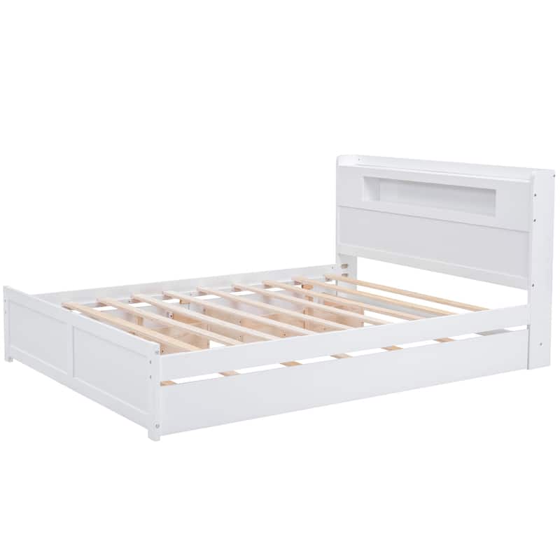 Queen Size Wood Storage Platform Bed with LED, 2 Drawers and 1 Twin Size Trundle, Gray