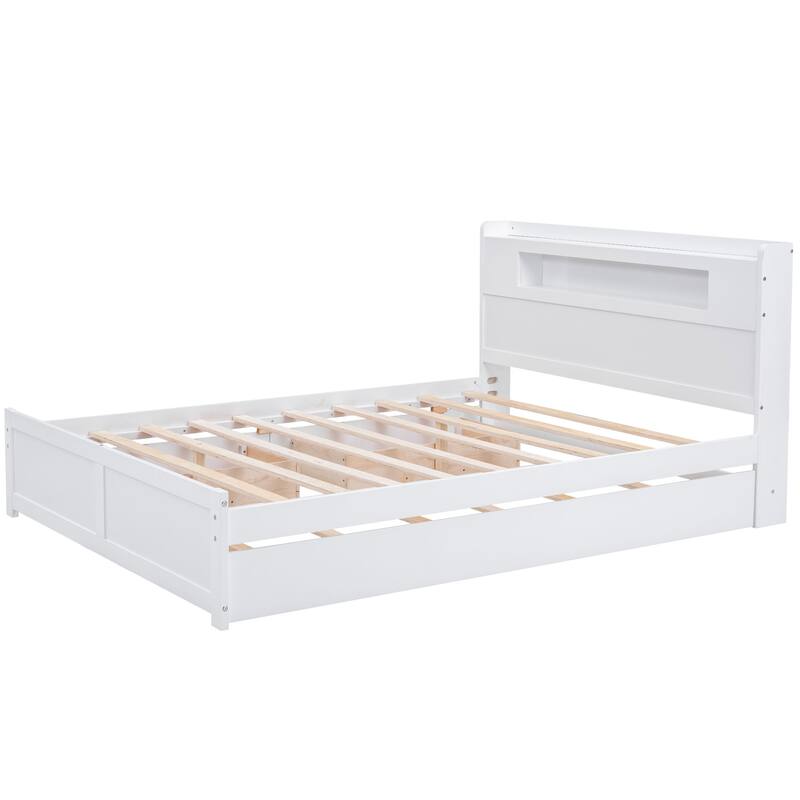 Roomfitters Queen Size Storage Platform Bed with LED Headboard, 2 Drawers and Twin Trundle, Space-Saving