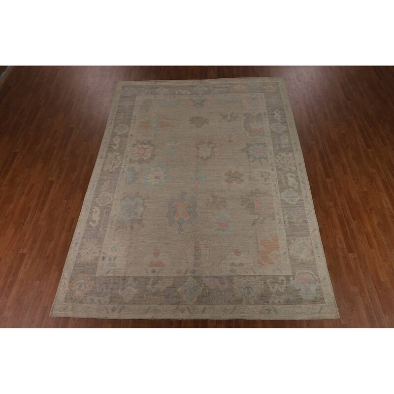 Vegetable Dye Oushak Turkish Area Rug Hand-Knotted Beige Wool Carpet - 9'3"x 12'5"