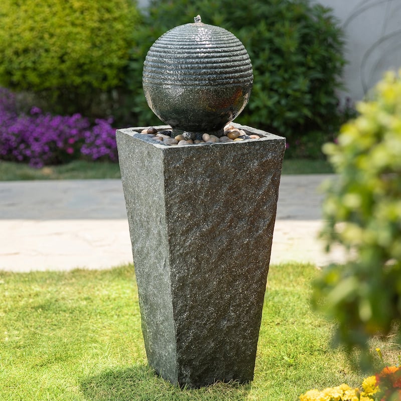 Glitzhome 31.75"H Polyresin Sphere Pedestal Outdoor Fountain With Pebbles Pump LED Light
