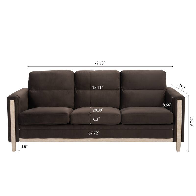 Modern Solid Wood 3 Seat Couch, 79.5" Fabric Upholstered Sofa with Square Arm for Living Room and Apartment