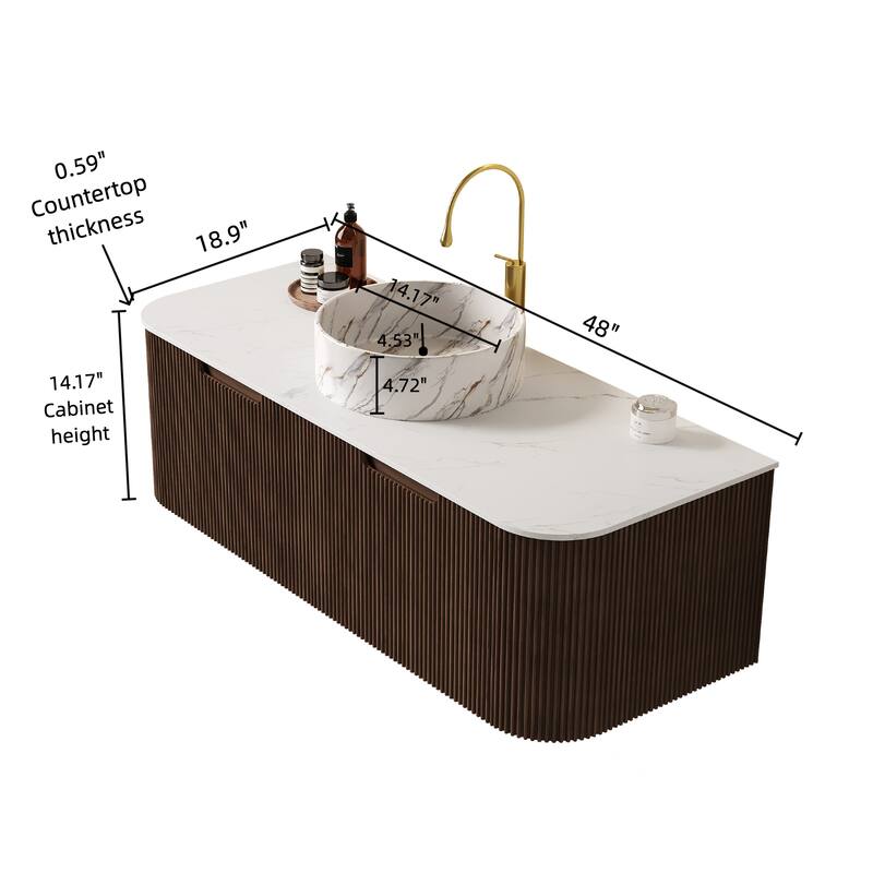 GDFStudio - Dina Modern 48" Floating Bathroom Vanity with Striped Curved Drawers & White Round Ceramic Basin, WITHOUT Faucet