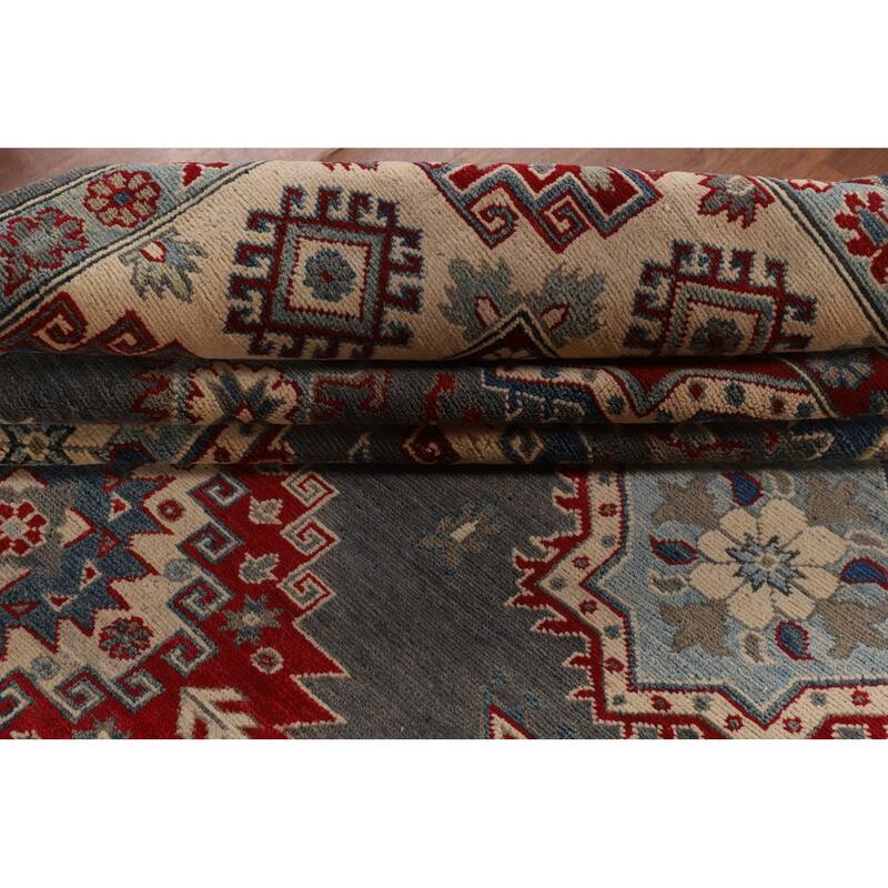 Hand Knotted Oriental 100% Wool Carpet Traditional Geometric Greys & Charcoal Kazak Area Rug - 9' 6'' X 6' 11''