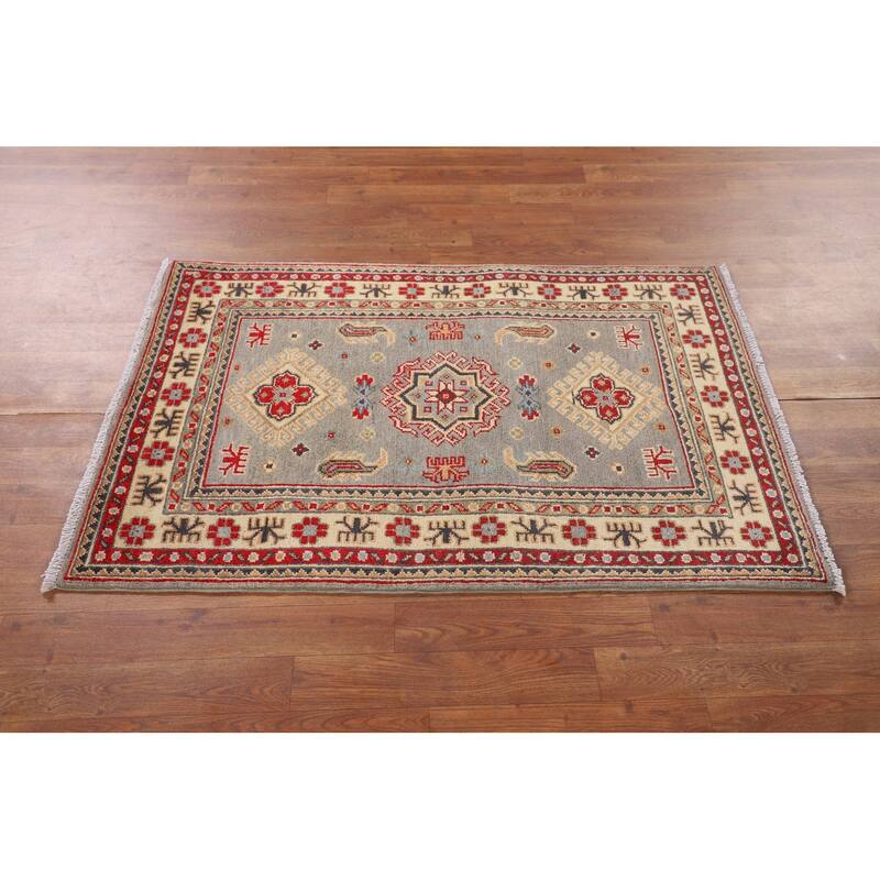Gray Geometric Kazak Accent Rug Hand-Knotted Wool Carpet - 2'8" x 4'1"