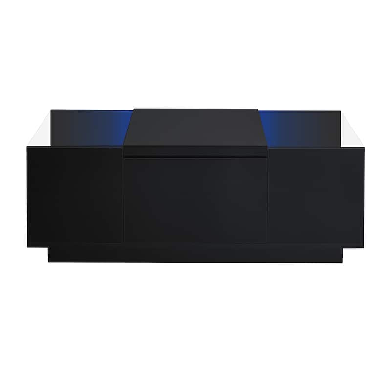 Glass Coffee Table Center Table with 16-Color LED Lights, End Table Office Table with Hidden Storage Drawers