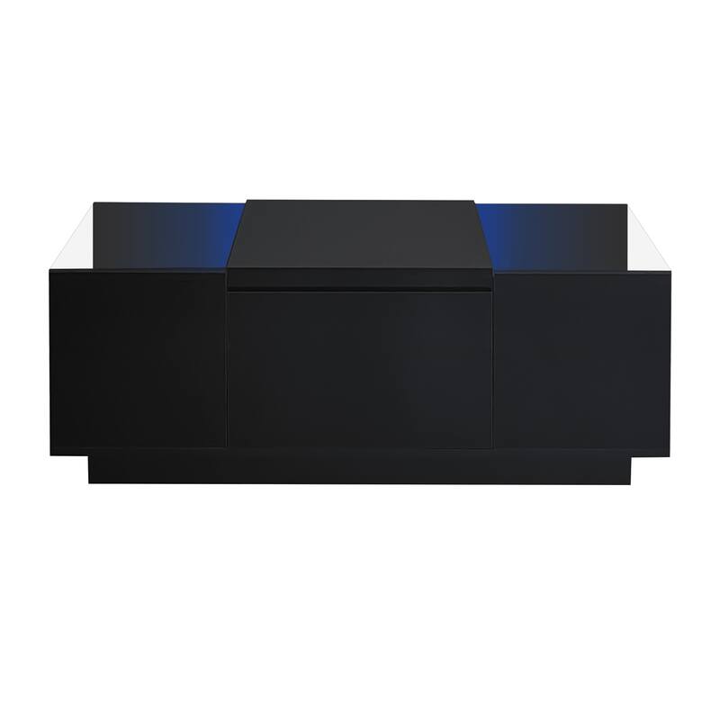 Modern Center Table with High-Gloss Finish and Glass Tabletop, Coffee Table with Open Storage Compartment and 2 Hidden Drawers