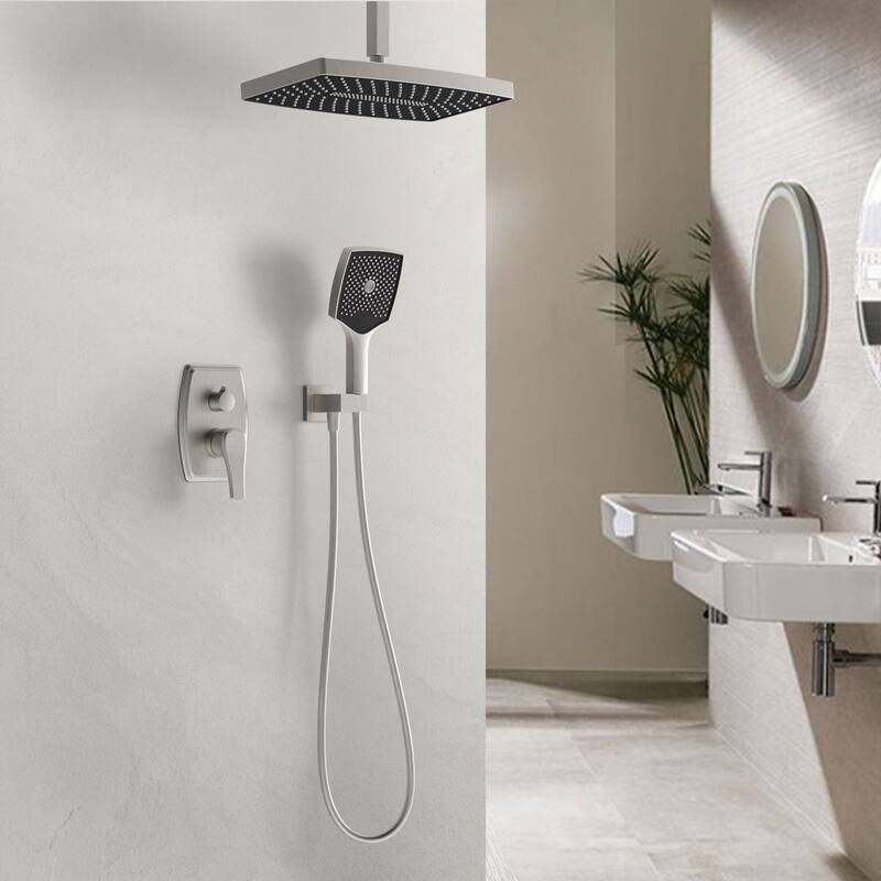 GIVINGTREE Single Handle 3 Spray 14 In.rectangular Ceiling Mounted Shower Faucet With Valve - Brushed Nickel