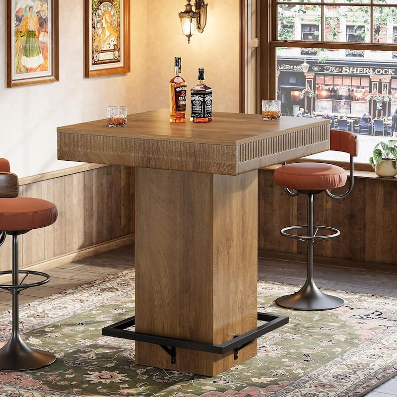 37.4" H Square Bar Table, Industrial Wooden Bistro Pub Table with Metal Footrest - 31.5"L x 31.5"W x 37.4"H - Brown