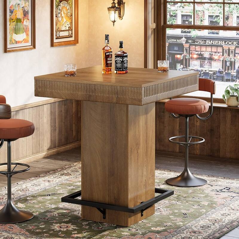 Square Bar Table, 37.4"H Wooden Bistro Pub Table with Metal Footrest for Small Bars, Kitchen Nook - Brown