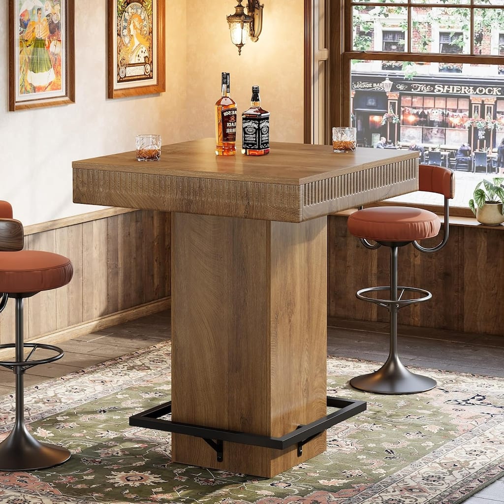 Square Bar Table, 37.4"H Wooden Bistro Pub Table with Metal Footrest for Small Bars, Kitchen Nook