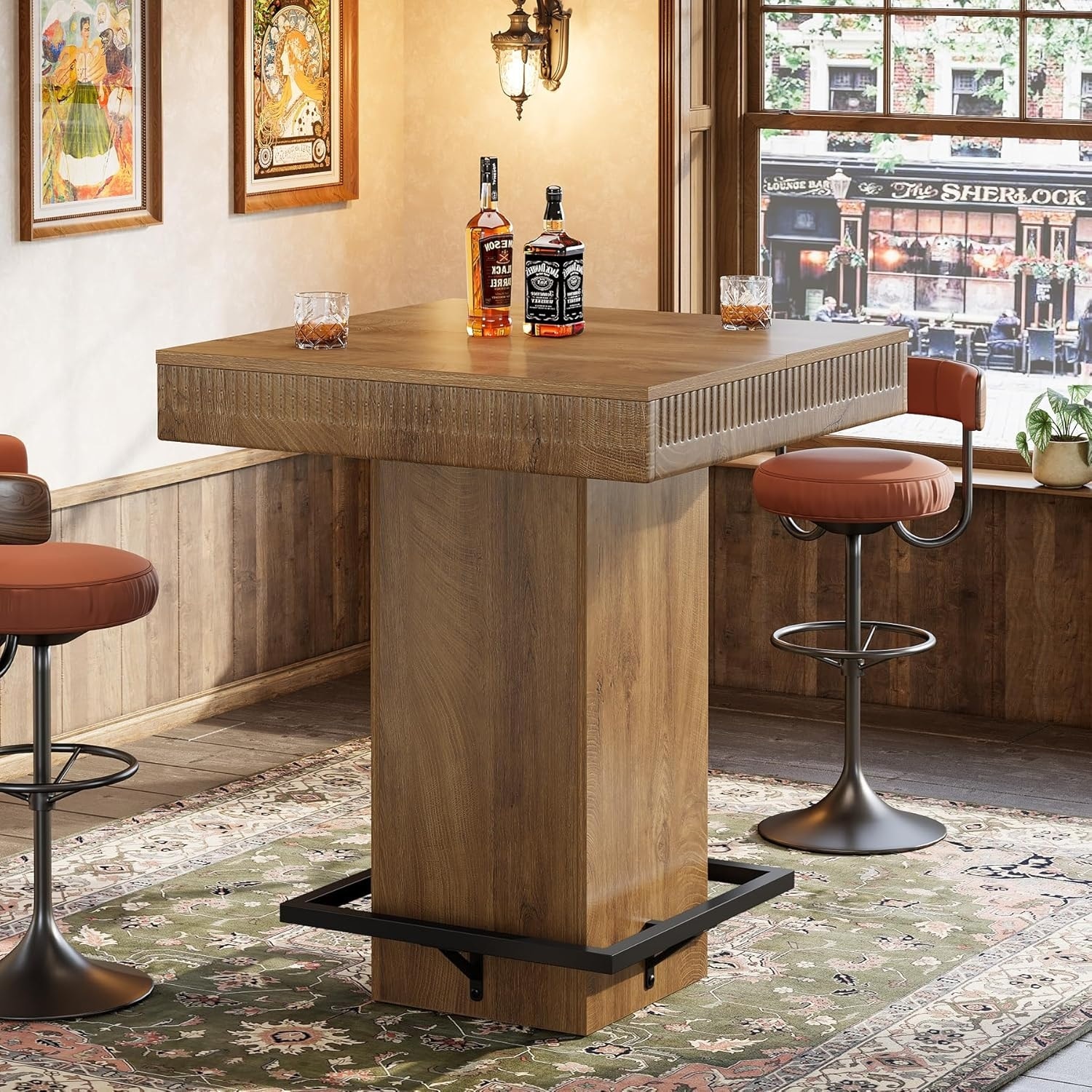 Square Bar Table, 37.4"H Wooden Bistro Pub Table with Metal Footrest for Small Bars, Kitchen Nook
