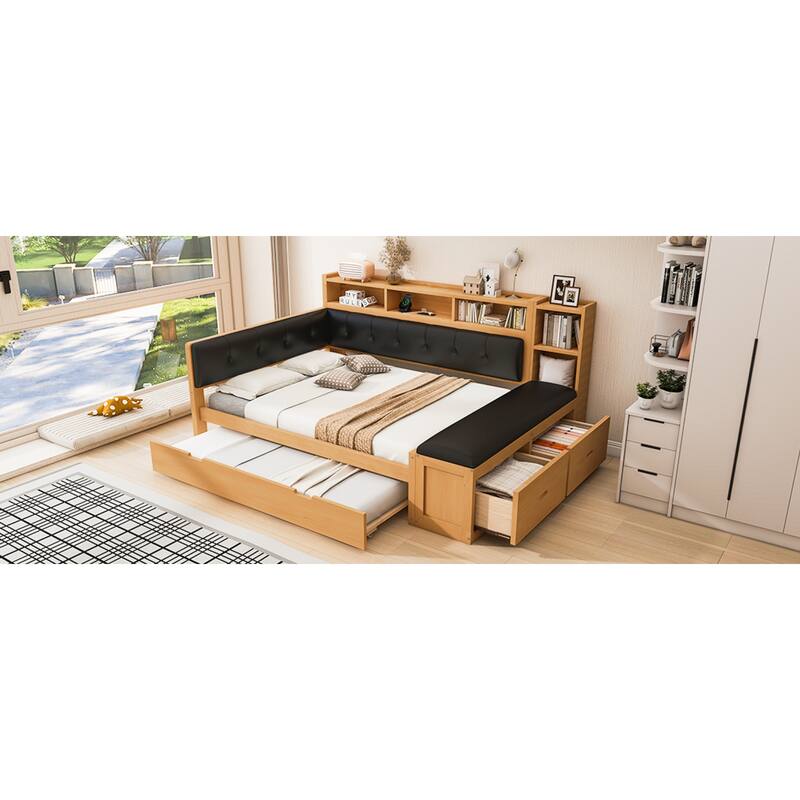 Roomfitters Full Wood Daybed with Trundle, Storage Shelves and Side Bench