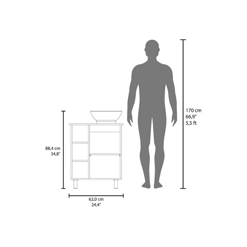 Compact bathroom vanity with open shelves