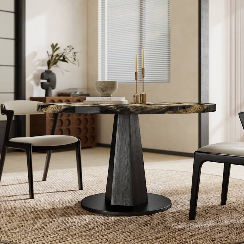 Roundhill Furniture Cavira Modern Faux Marble Dining Table with Wood Pedestal Base