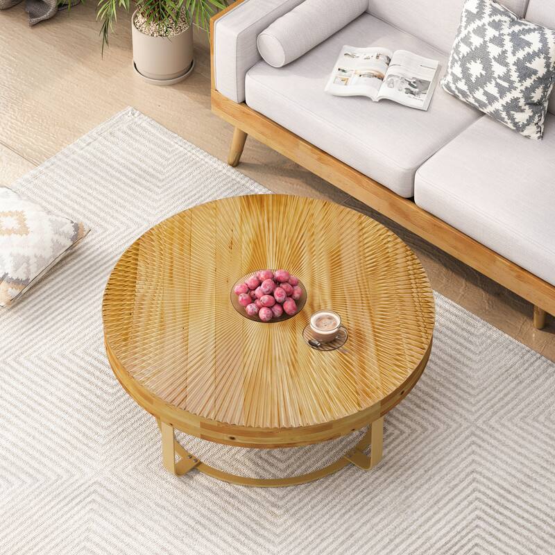 Modern Wooden Carving Pattern Coffee Table with Metal Legs