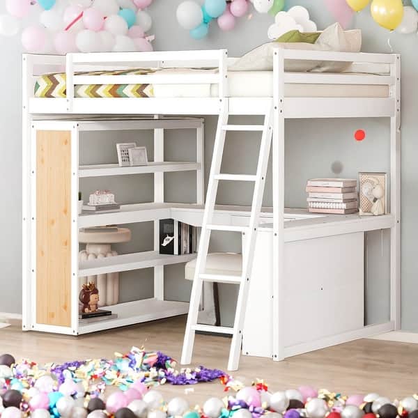 slide 2 of 27, Multi-Functional Full Size Loft Bed with Ladder, Shelves and Desk, Space-saving, Health and Comfort, Sturdy Construction, White White
