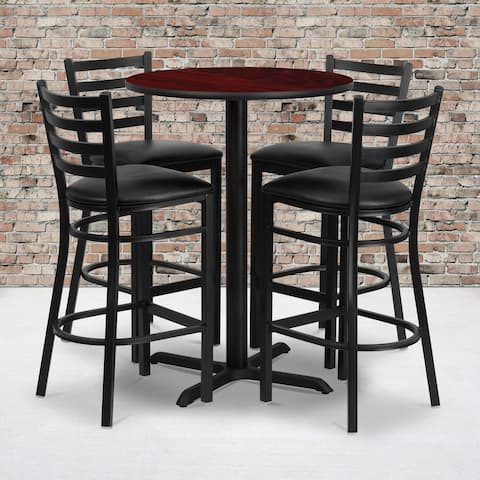 30'' Round Laminate Table Set with X-Base and 4 Ladder Back Metal Barstools - 30"W x 30"D x 42"H