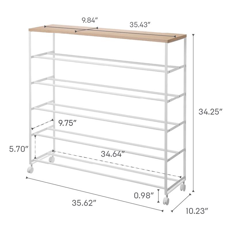 Yamazaki Home Rolling Five-Tier Shoe Rack, Steel and Wood, Wheels - L 10.24 x W 35.63 x H 34.25 inches