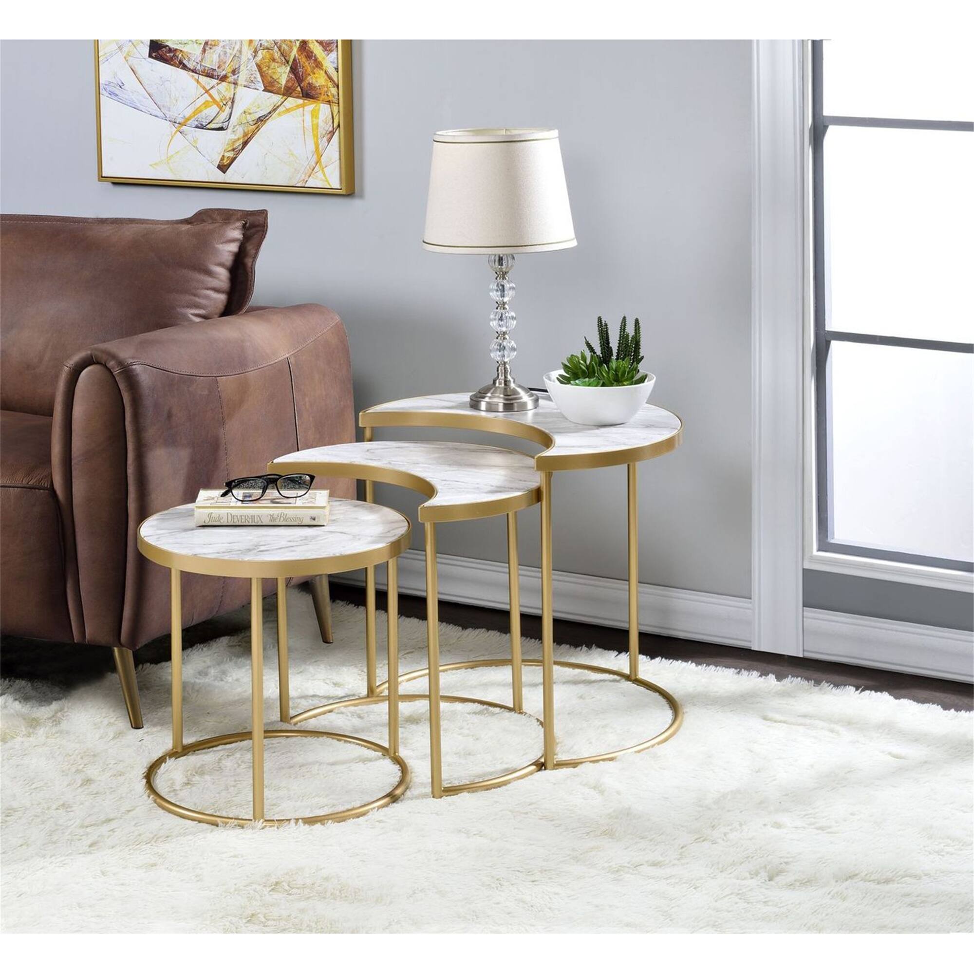 3 Pcs Pack Nesting Tables, HalfMoon & Round Shape End Table Bed Bath